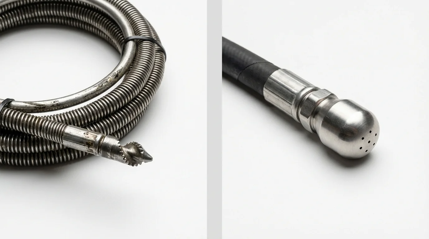 Drain snake cable and hydro jetting nozzle used for drain cleaning in Chatham, NJ