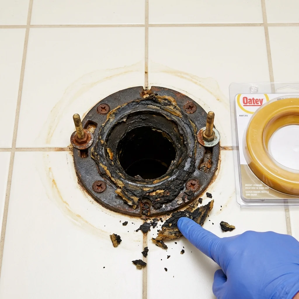 Failed wax ring showing water seepage at the base of a toilet in a Chatham, NJ home
