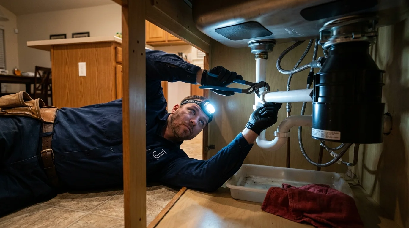 P-trap and supply line connections under a kitchen sink showing a common leak point in Chatham, NJ